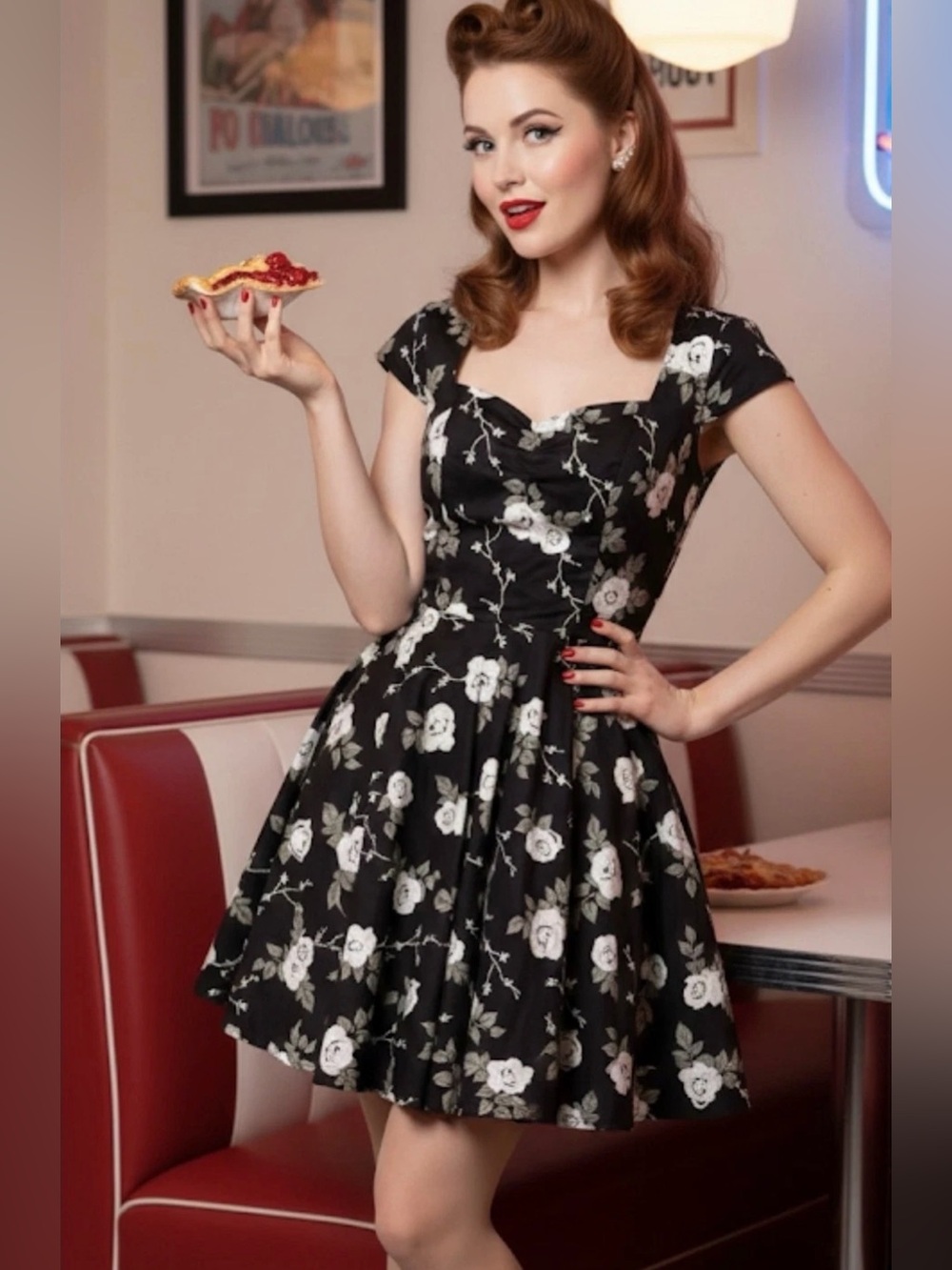 Hell Bunny Black Floral Sweetheart Fit-and-Flare Mini Dress